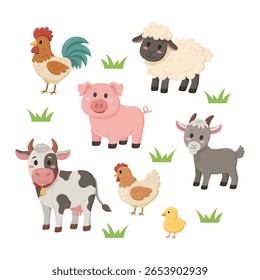 Animais de fazenda. Vaca, porco, ovelha, pato, galinha, galo, cabra, galinha.