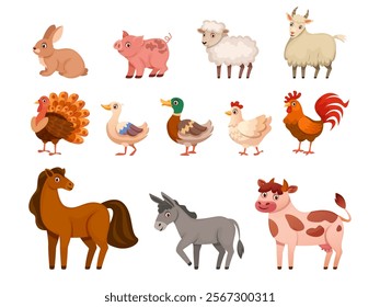 Cartoon farm animals. Cute domestic livestock animal, farmer pets goat rooster cow sheep pig duck rabbit chicken hen farmyard countryside characters set, swanky vector illustration original artwork