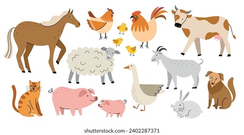 Animales de granja de caricaturas. Caballo, vaca, perro, gato, aves domésticas divertidas, gallina, gallo y gallinas, ganso, cerdos y ovejas, país, vectores.eps
