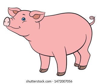 Cartoon farm animals. Cute pig stands and smiles.