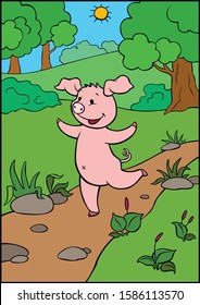 Cartoon farm animals. Cute pig running down path
