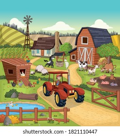 Cartoon farm with animals and farmer on tractor. Farm background.