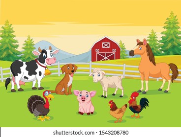 Cartoon farm animals in the farming background