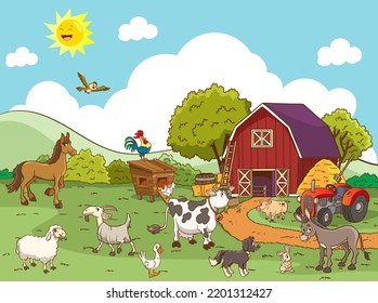 Cartoon farm animals in the farming background