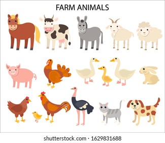 Cartoon farm animals in flat style isolated on white background. Horse and cow, donkey and sheep, pig and turkey, goose and rabbit, hen and cock, ostrich and cat, dog and goat. Vector illustration.