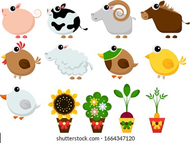 Cartoon farm animals, flowers and vegetables - hand drawn vector illustrations