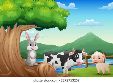 Cartoon farm animals in the forest