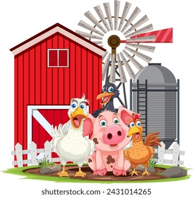 Cartoon farm animals in front of a red barn