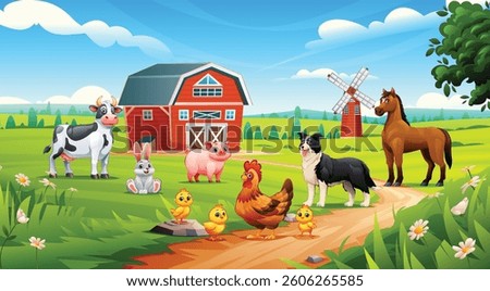 Cartoon farm animals including cow, pig, rabbit, hen, chicks, horse, and dog in green landscape. Vector illustration