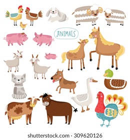 Cartoon farm animals isolated on white background. Horse, cat, dog, cow, pig, duck. Cartoon characters of farm animals. Big collection of farm animals.