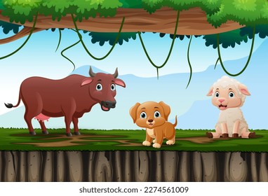 Cartoon farm animals in the jungle