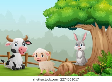 Cartoon farm animals in the jungle