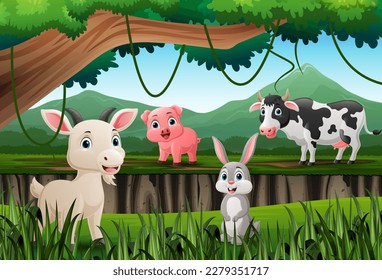 Cartoon farm animals in the jungle