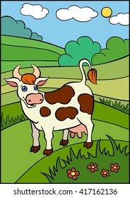 Cartoon farm animals for kids. Cute cow stands and smiles.