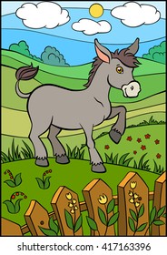 Cartoon farm animals for kids. Cute small donkey stands and smiles.