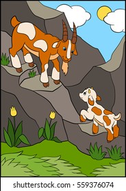 Cartoon farm animals for kids. Father goat with his little cute baby goat on the rocks. 