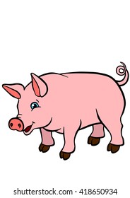 Cartoon farm animals for kids. Little cute pig stands and smiles
