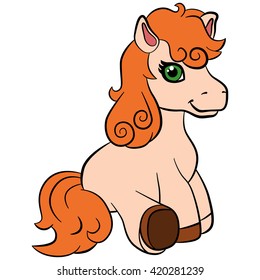 Cartoon farm animals for kids. Little cute pony with beautiful orange mane sits and smiles. Pony is happy.