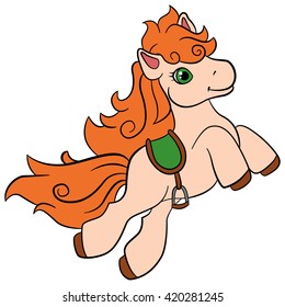 Cartoon farm animals for kids. Little cute pony with beautiful orange mane runs and smiles. She is happy.