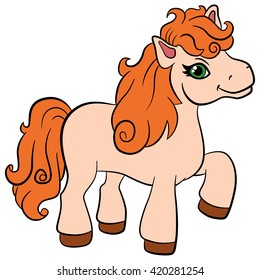 Cartoon farm animals for kids. Little cute pony with beautiful orange mane smiles. She is happy.