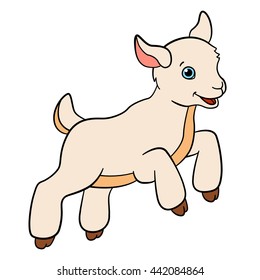 Cartoon farm animals for kids. Little cute baby goat jumps and smiles.