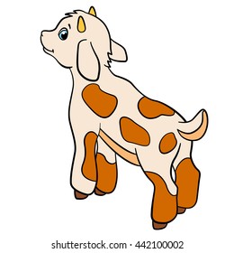 Cartoon farm animals for kids. Little cute baby goat stands and smiles.