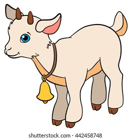 Cartoon farm animals for kids. Little cute baby goat stands and smiles.