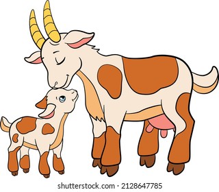 Cartoon farm animals for kids. Mother goat stands with her little cute baby goat.