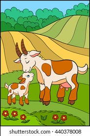 Cartoon farm animals for kids. Mother goat with her little cute baby goat on the field.