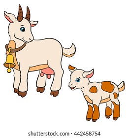 Cartoon farm animals for kids. Mother goat looks at her baby goat and smiles.