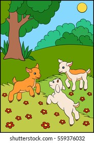 Cartoon farm animals for kids. Three baby goats play and smile on the field.