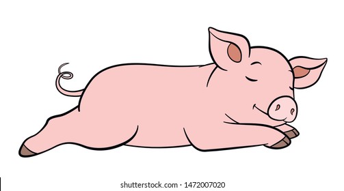 Cartoon farm animals. Little cute piglet sleeps and smiles.