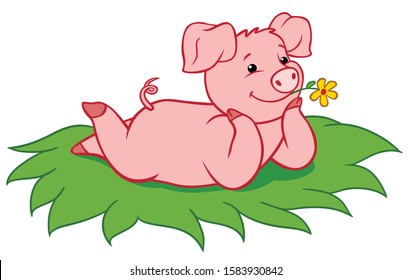 Cartoon farm animals. Little cute pig lies on the grass and smiles.