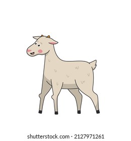 Cartoon farm animals Little cute baby goat smiles.