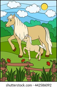 Cartoon farm animals. Mother horse with her little cute foal.