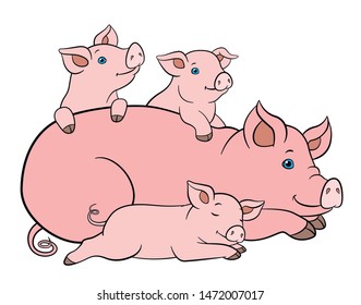 Cartoon farm animals. Mother pig lays with her little cute piglets.