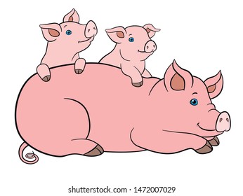 Cartoon farm animals. Mother pig lays with her little cute piglets.