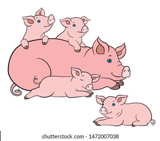 Cartoon farm animals. Mother pig lays with her little cute piglets.