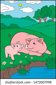 Cartoon farm animals. Mother pig with her little cute piglet are near the pond.