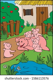 Cartoon farm animals. Mother pig with her little cute piglets on the grass.