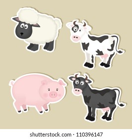 cartoon farm animals. paper sticker set