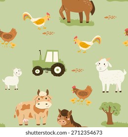 Cartoon Bauernhoftiere Muster auf grünem Hintergrund. Süße Kuh, Pferd und Vögel mit Traktor und Baum. Lustiges Bauernmuster für Kinderdrucke, kindische Designs.