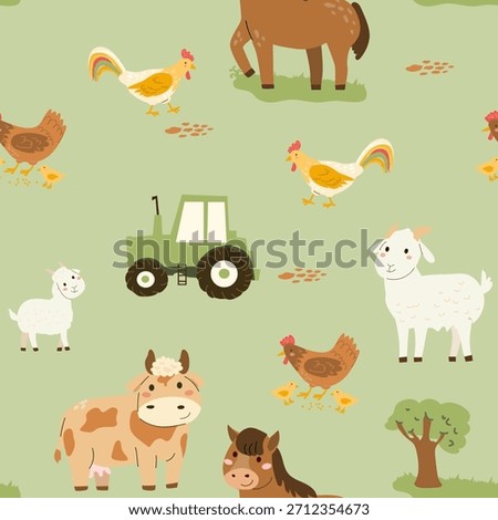 Cartoon farm animals pattern on green background. Cute cow, horse and birds with tractor and tree. Funny farm pattern for kids prints, childish designs.