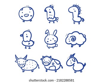 Cartoon farm animals, pig, chick
hen, horse, duck, rabbit, sheep, buffalo, cow, goat, Animals, hand drawn, vector illustration.