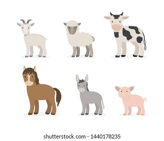 Cartoon farm animals set in flat style. Vector illustration. Vector animals collection: goat, sheep, cow, donkey, horse, pig.