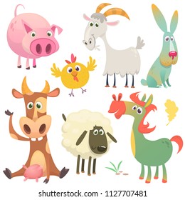 Cartoon farm animals set. Vector illustration. Cow, horse, chicken, bunny rabbit, pig, goat and sheep