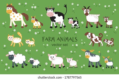 Cartoon farm animals set. Vector illustration. Vector animals collection isolated on white background: goat, sheep, cow, donkey, horse, pig, cat, dog.