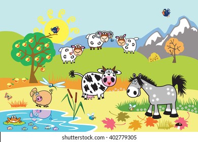 cartoon farm animals : sheep, horse ,cow and pig in the pasture field. Rural landscape . Children illustration 