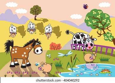 cartoon farm animals : sheep, horse ,cow and pig in the pasture field at evening. Rural landscape . Children illustration