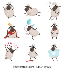 Cartoon farm animals. Sheep playing and making different actions. Vector characters set isolate on white. Animal farm play illustration